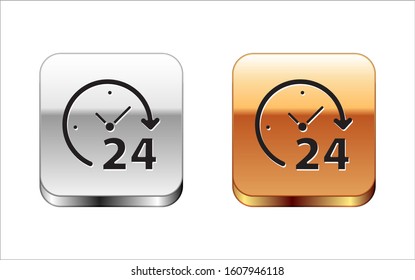 Black Clock 24 hours icon isolated on white background. All day cyclic icon. 24 hours service symbol. Silver-gold square button. Vector Illustration