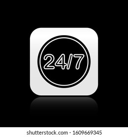 Black Clock 24 hours icon isolated on black background. All day cyclic icon. 24 hours service symbol. Silver square button. Vector Illustration