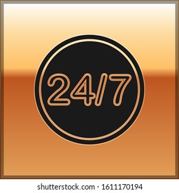 Black Clock 24 hours icon isolated on gold background. All day cyclic icon. 24 hours service symbol.  Vector Illustration