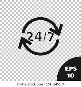 Black Clock 24 hours icon isolated on transparent background. All day cyclic icon. 24 hours service symbol.  Vector Illustration