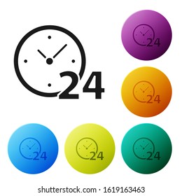Black Clock 24 hours icon isolated on white background. All day cyclic icon. 24 hours service symbol. Set icons colorful circle buttons. Vector Illustration
