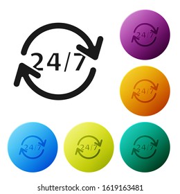Black Clock 24 hours icon isolated on white background. All day cyclic icon. 24 hours service symbol. Set icons colorful circle buttons. Vector Illustration