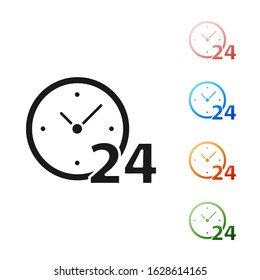 Black Clock 24 hours icon isolated on white background. All day cyclic icon. 24 hours service symbol. Set icons colorful. Vector Illustration