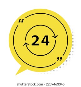 Black Clock 24 hours icon isolated on white background. All day cyclic icon. 24 hours service symbol. Yellow speech bubble symbol. Vector