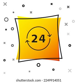 Black Clock 24 hours icon isolated on white background. All day cyclic icon. 24 hours service symbol. Yellow square button. Vector