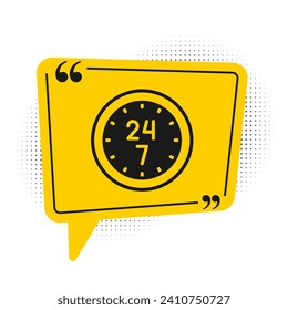 Black Clock 24 hours icon isolated on white background. All day cyclic icon. 24 hours service symbol. Yellow speech bubble symbol. Vector