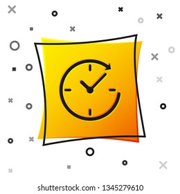 Black Clock with arrow icon isolated on white background. Time symbol. Clockwise rotation icon arrow and time. Yellow square button. Vector Illustration