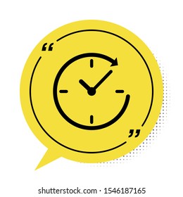Black Clock with arrow icon isolated on white background. Time symbol. Clockwise rotation icon arrow and time. Yellow speech bubble symbol. Vector Illustration