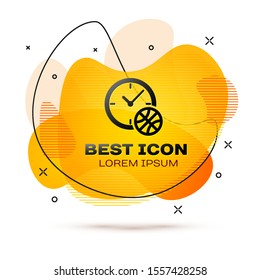Black Clock with basketball ball inside icon isolated on white background. Basketball time. Sport and training. Abstract banner with liquid shapes. Vector Illustration