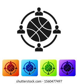Black Clock with basketball ball inside icon isolated on white background. Basketball time. Sport and training. Set icons in color square buttons. Vector Illustration