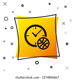 Black Clock with basketball ball inside icon isolated on white background. Basketball time. Sport and training. Yellow square button. Vector Illustration