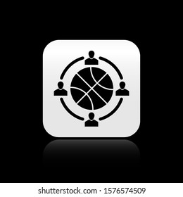 Black Clock with basketball ball inside icon isolated on black background. Basketball time. Sport and training. Silver square button. Vector Illustration