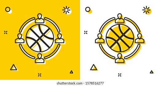 Black Clock with basketball ball inside icon isolated on yellow and white background. Basketball time. Sport and training. Random dynamic shapes. Vector Illustration