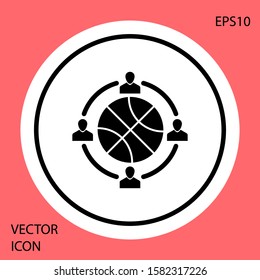 Black Clock with basketball ball inside icon isolated on red background. Basketball time. Sport and training. White circle button. Vector Illustration