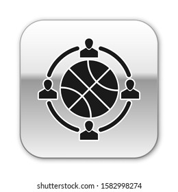 Black Clock with basketball ball inside icon isolated on white background. Basketball time. Sport and training. Silver square button. Vector Illustration