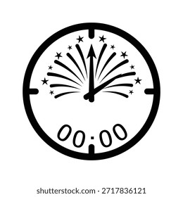Cara de reloj negro con fuegos artificiales y 0000 hora de medianoche de año nuevo