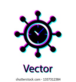 Black Clock and gear icon isolated on white background. Time Management symbol. Business concept. Hub and spokes and clock solid icon. Vector Illustration
