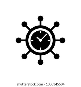 Black Clock and gear icon isolated on white background. Time Management symbol. Business concept. Hub and spokes and clock solid icon. Vector Illustration