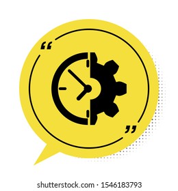 Black Clock and gear icon isolated on white background. Time Management symbol. Business concept. Yellow speech bubble symbol. Vector Illustration