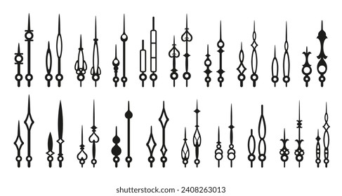 Schwarze Uhrenhänder, einzelne Uhrenpfeile, Zeiger. Analoge UhrStundenzeigermarken, Symbole oder Symbole, antike Hand- oder Armwinde-Hand, klassische Uhrwerk-Kollektion der zweiten VektorZeigerzeiger