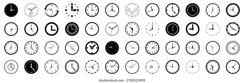 Coleção de ícones do relógio preto sobre um fundo branco. Coleção de ícones de relógio de prazo. Conjunto de cronômetro, tempo, ícones de relógio