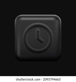 Black Clock Icon. Isolated 3D Square App Button. Vector illustration