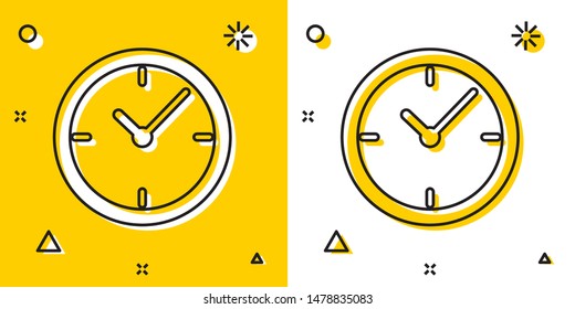 Black Clock icon isolated on yellow and white background. Random dynamic shapes. Vector Illustration