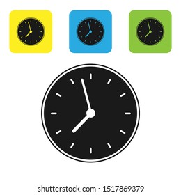 Black Clock icon isolated on white background. Time symbol. Set icons colorful square buttons. Vector Illustration