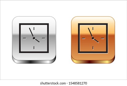 Black Clock icon isolated on white background. Time symbol. Silver-gold square button. Vector Illustration