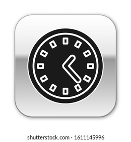 Black Clock icon isolated on white background. Time symbol. Silver square button. Vector Illustration