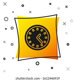 Black Clock icon isolated on white background. Time symbol. Yellow square button. Vector Illustration
