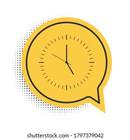 Schwarze Uhr, Symbol einzeln auf weißem Hintergrund. Zeitsymbol. Symbol für gelbe Sprachblase. Vektorgrafik.