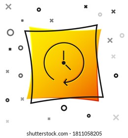 Black Clock icon isolated on white background. Time symbol. Yellow square button. Vector.