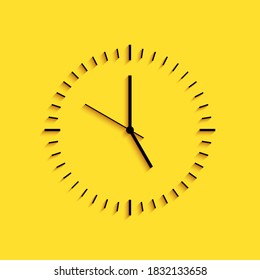 Black Clock icon isolated on yellow background. Time icon. Long shadow style. Vector.