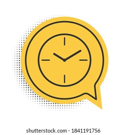 Black Clock icon isolated on white background. Time symbol. Yellow speech bubble symbol. Vector.