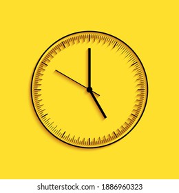 Black Clock icon isolated on yellow background. Time icon. Long shadow style. Vector.