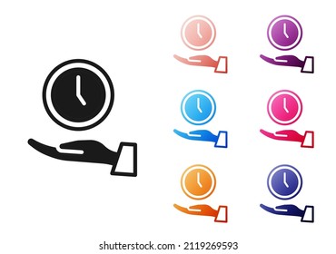 Icono de reloj negro aislado en fondo blanco. Símbolo de tiempo. Indique los iconos en colores. Vector