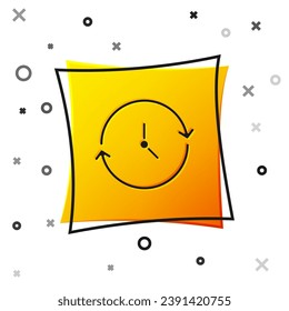 Black Clock icon isolated on white background. Time symbol. Yellow square button. Vector