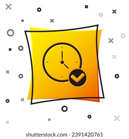 Icono de reloj negro aislado en fondo blanco. Símbolo de tiempo. Botón cuadrado amarillo. Vector