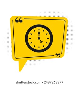 Icono de reloj negro aislado sobre fondo blanco. Símbolo de tiempo. Símbolo amarillo de burbuja de voz. Vector