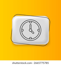 Icono de reloj negro aislado sobre fondo amarillo. Símbolo de tiempo. Botón rectángulo plateado. Vector