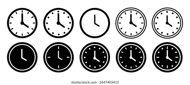 Black Clock icon symbol collecion design, Isolated Watch, Timer, Alarm graphic elements illustration, Minimal Clip art, Editable.