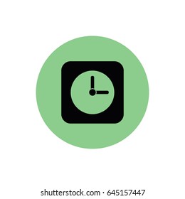 Black clock icon vector. Green button. Green circle