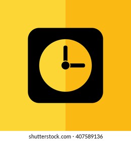 Black clock icon vector illustration. Yellow background