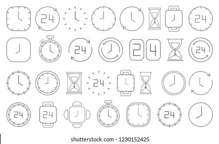 Black clock icons isolated on white. Black and white simple line watches pack. Time concept. Vector illustration