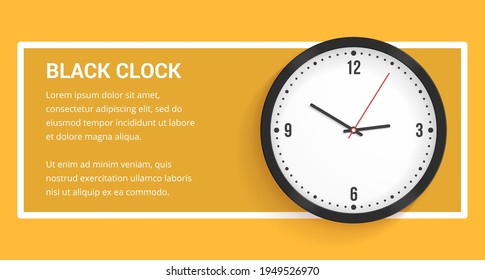 Black clock on yellow background with place for your text, vector eps10 illustration