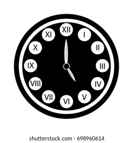 Black clock with roman numerals icon isolated. Five o'clock.
