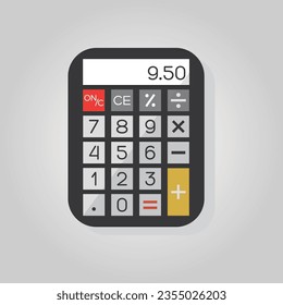 Black close up calculator flat design icon with shadow on gray gradient background