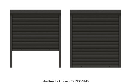 Black Closed And Ajar Roller Garage Shutter Door With Realistic Texture Mockup. Metal Protect System For Shops And Stores. Vector Illustration Of Steel Gate Of House Or Warehouse. Roller Up Blinds.