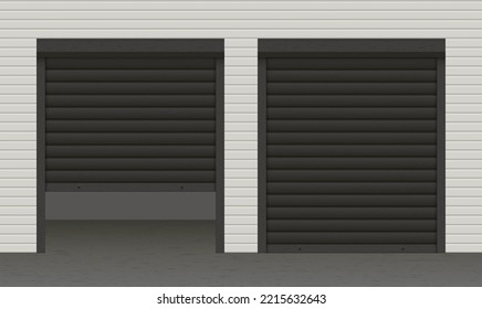 Black Closed And Ajar Roller Garage Shutter Door With Realistic Texture On The Grey Facade. Metal Protect System For Shop And Stores. Vector Illustration Of Steel Gate Of Warehouse. Roller Up Blinds.